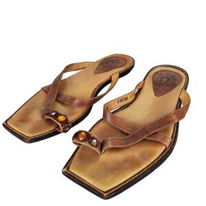 Charlie Horse Women's Brown Leather‎ Gem Toe Ring Western Flat Sandals Size 7B